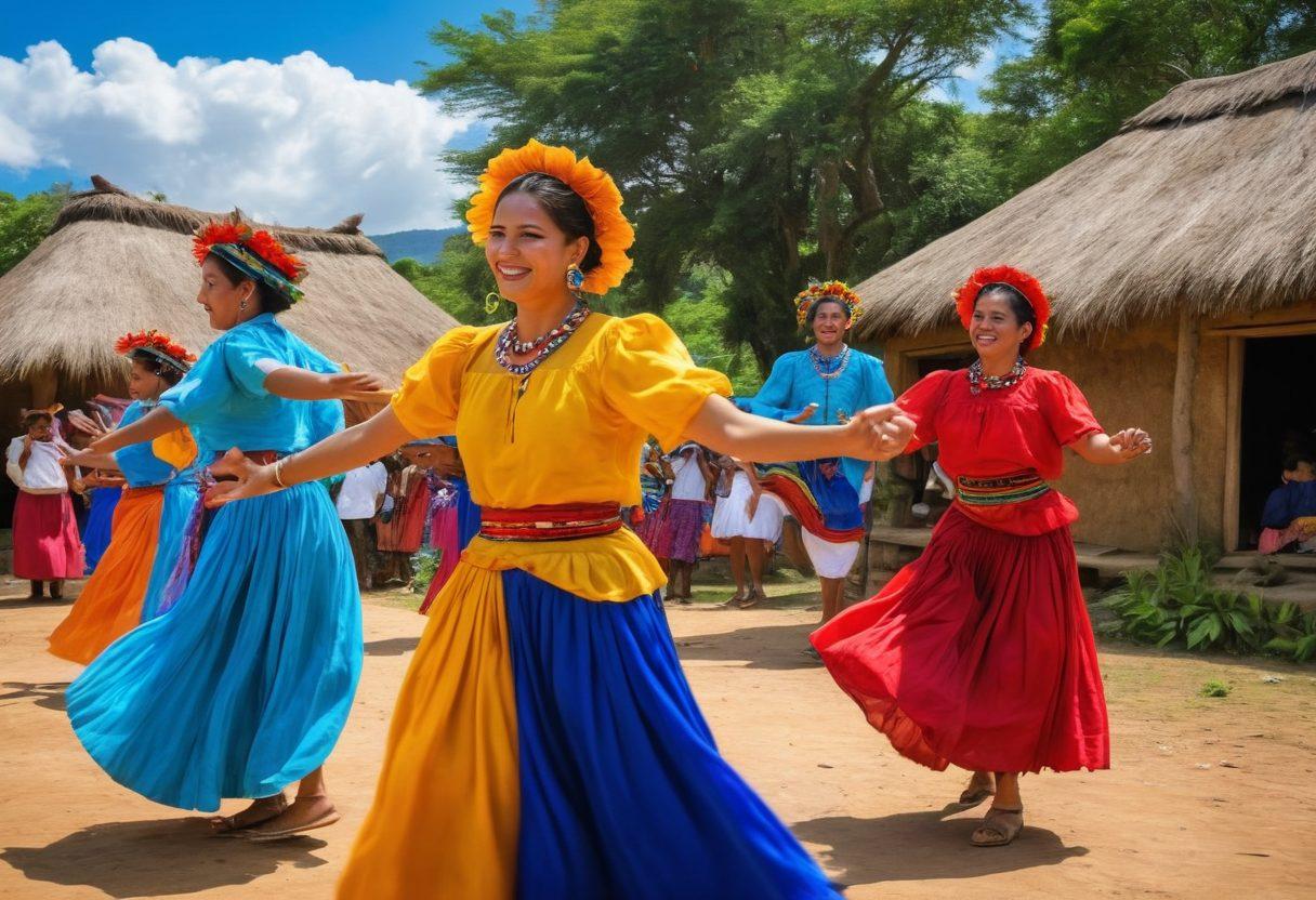 A vibrant scene depicting a traditional Tuano gathering, featuring colorful attire, expressive dances, and joyful faces. In the background, lush greenery and traditional Tuano huts create a serene atmosphere. Add elements of local cuisine being shared among the group to highlight the warmth and community spirit. The sky above is a bright blue, reflecting the happiness of the moment. super-realistic. vibrant colors.