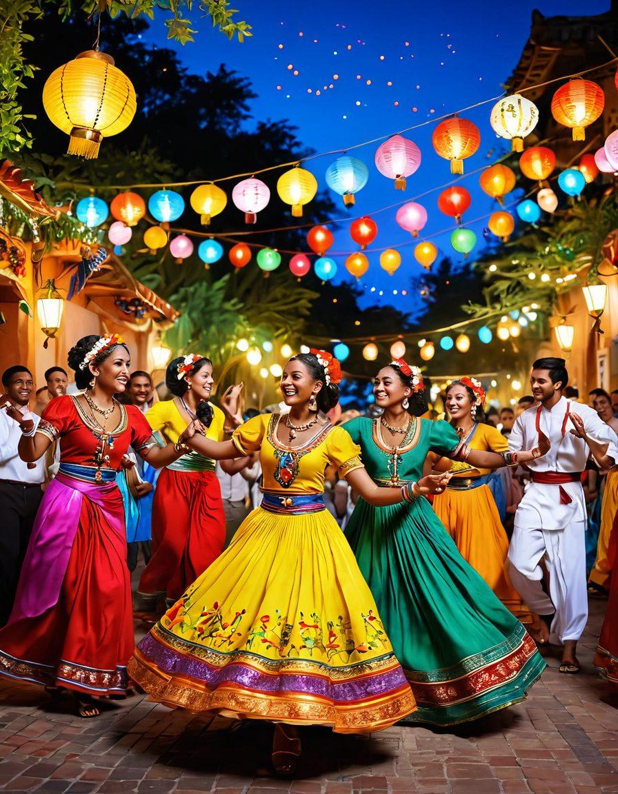 A vibrant festival scene showcasing diverse Tuano cultural festivities, with people dancing joyfully in traditional attire, colorful decorations, and intricate patterns. Lively music notes swirling in the air, surrounded by lush greenery and ornate lanterns glowing in the evening light. Capturing the essence of happiness and togetherness in a joyful celebration. super-realistic. vibrant colors. 3D.