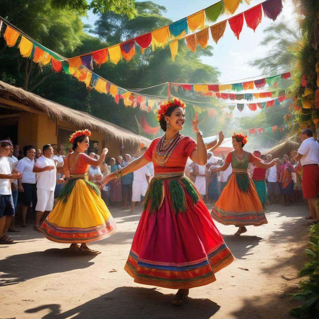 A vibrant festival scene showcasing traditional Tuano festivities with people in colorful attire, dancing joyfully under decorative banners. Include elements of local cuisine being shared amongst the community, surrounded by lush greenery and cultural artifacts. Capture the essence of happiness and togetherness that defines the Tuano lifestyle. super-realistic. vibrant colors. festive atmosphere.
